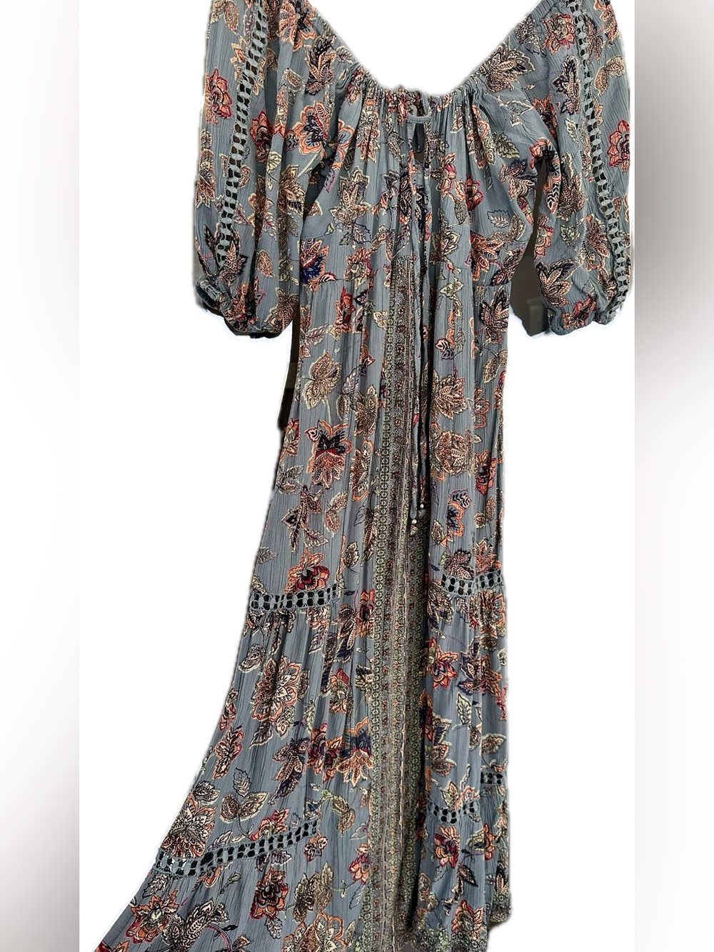 Angie Dusty Blue Floral Tie-back Keyhole Maxi Dress - Size Large - Picture 4 of 9
